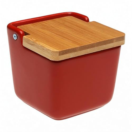 Sal de cerámica con tapa de bambú – Tarro cuadrado 8,8 x 8,8 x 8,8 cm – Salero, especias o azúcar – Diseño moderno para cocina – Disponible en negro, blanco y rojo (rojo)