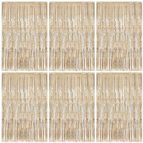 Vaktop 6 Stück Lametta Vorhang Champagnerfarbene, Glitzervorhang Lametta, Glitzer Party Vorhang, Folien Fransen Hintergrund fur Party Deko Geburtstagsdeko Hochzeit Festivals Bühnendekor (1m x 2m)