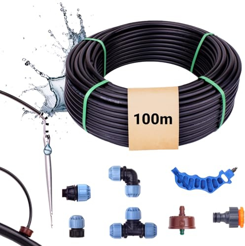 Premium Tropfbewässerungs-Set 100 m | Komplettsystem inkl. 75 Rivulis Tropfer 3,85 l/h | Gartenbewässerung Micro-Drip für Gemüse, Obst, Hecken | Flexibles Bewässerungssystem