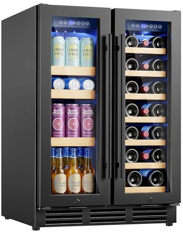 ICEVIVAL Wine and Beverage Refrigerator, 24 Inch Built-In Wine Fridge with Glass Door, Holds 20 Wine Bottles & 60 Cans, Under Counter Refrigerator with Quiet Cooling System & Blue LED Light(Black)