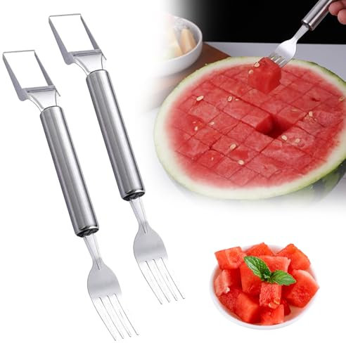2-in-1 Stainless Steel Watermelon Cutter, 2025 New Fruit Slicer Portable Fruit Fork for Camping, Multifunctional Kitchen Gadget for Home and Parties, Stainless Steel Utensil for Family (2)