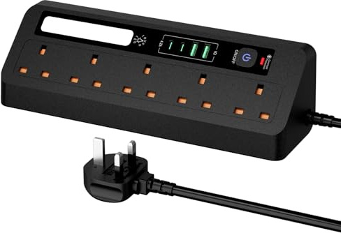 Extension Lead with USB Slots, 5 Way Power Strip,Touch Night Light | 2 USB-A and 2 USB-C Charging Ports, Surge Protected, 3M/9.84FT Cable for Home Office, Bedroom and Desk Use, Daily Charge