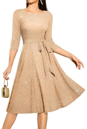 DRESSTELLS Cocktail Dresses for Women, Wedding Guest 3/4 Sleeve Sparkly Holiday Prom Party Dress, Sequin Aline Modest Mother of Bride Midi Dress Glitter Champagne S