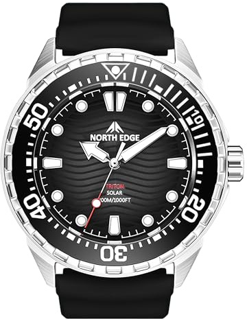 NORTH EDGE Triton Herren Solar Taucheruhr, 300 m wasserdicht, Quarzuhr mit Leuchtzeigern, einseitig drehbarer Lünette, Edelstahlgehäuse, schwarzes Silikonarmband