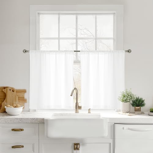 RYB HOME Cafe Curtain 24 inches Length, Non See Through White Semi Sheer Privacy Light Filtering Curtain Tiers for Kitchen Bathroom Small Window, White, 26 W x 24 L, 2 Panels Set