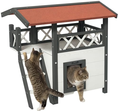 PawHut Casa para Gatos de Madera 77x50x73 cm de 2 Niveles, Caseta para Gatos, Refugio con Techo Asfáltico, Balcón y Escalera, para Exterior, Blanco
