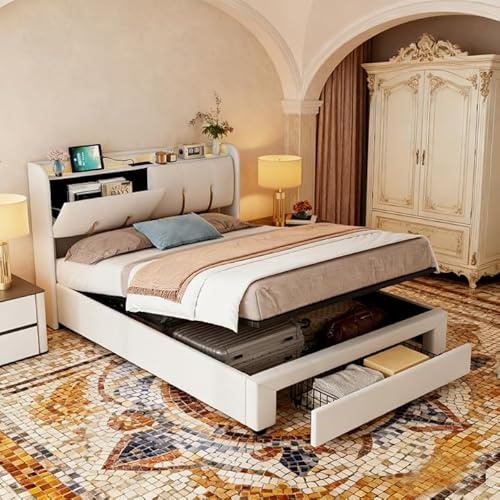 BRYXR Bett 160x200, Polsterbett mit LED-Licht und USB-Buchse, Hydraulisch Stauraumbett mit Schubladen, Doppelbett mit Stauraum Kopfteil, Jugendbett, Bettgestell Bett mit Lattenrost, Beige Samt
