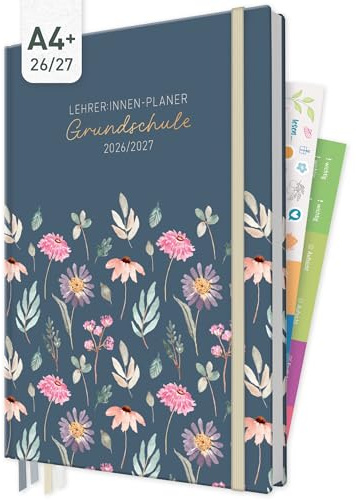 Häfft® Lehrerplaner Grundschule 2026/2027 im A4+ Format Hardcover - Schuljahr 12 Monate (Aug 26 - Jul 27) Lehrerkalender & Unterrichtsplaner für Klasse 1–4 Flying Flowers