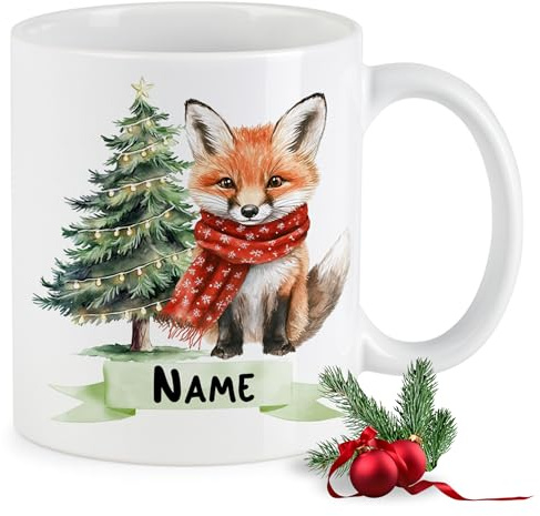 GRAZDesign Weihnachtstasse Fuchs mit Namen personalisiert Becher Weihnachten Winter Nikolaus Keramik 330ml