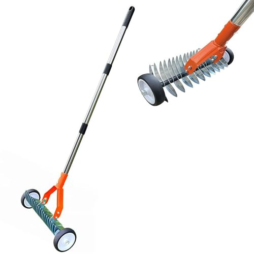 Gräsmatta med hjul för rasp, rullande gräsmatta med 32 cm arbetsbredd, hand ogräsräke, för att ta bort dött gräs, mossa och ogräs (orange, 1,3 m)