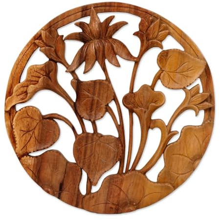 NOVICA Artisan Handcarved Wood Relief Panel Suar Lotus Wall from Bali Brown Indonesia Decor Panels Floral [0.8in H x 11.25in Diam.] ' Lotus Ring'