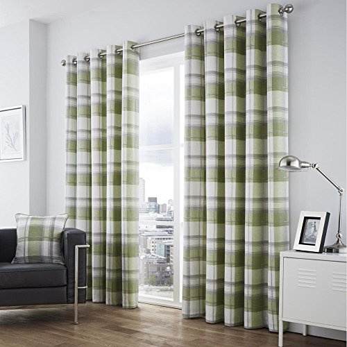 Fusion - Balmoral Check - 100% Cotton Pair of Eyelet Curtains - 66 Width x 90 Drop (168 x 229cm) in Green