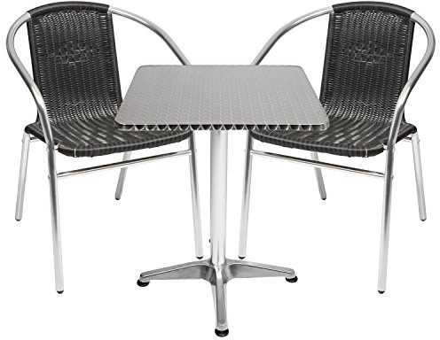 Mojawo® Bistrogarnitur 3-teilig Bistrotisch Aluminium eckig 60x60cm H70cm / 110 cm höhenverstellbar + 2 Stapelstühle Aluminium/Rattan Schwarz