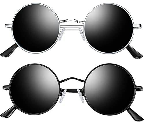 Joopin 2er-Set Sonnenbrillen Herren Rund Retro Brille Damen Hippie UV400 | Polarisiert, Metallrahmen, Klein, Schmal, Steampunk, Unisex, 30°-Flex-Scharnier, Alltag, Festivals, Partys, Halloween