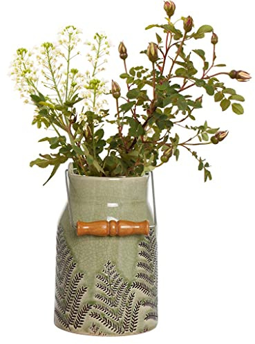 Large Indoor Ceramic Flower Vase Pitcher Jug with Green Glazed Finish | Fern Leaf, Embossed, Watertight, Wooden Handle, Carrying Handle, Home Decor Gift