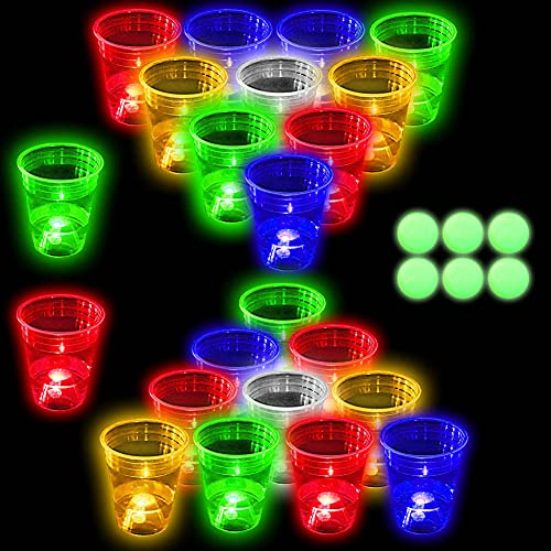 Glow in the Dark Beer Pong Set, Party Games for Beer Pong Table, 22 Light up Cups (5 Colors), 6 Glow Balls, 22 LED Lights, Storage Bag, Night Games for Indoor Outdoor Party Event