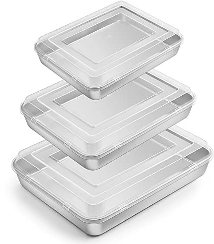 E-far Baking Pan with Lid(12.4/10.4/9.4 inch), Stainless Steel Rectangular Sheet Cake Pans with Cover, Metal Bakeware Sets for Lasagna Casseroles Brownie, Non-toxic & Dishwasher Safe - 3 Pans + 3 Lids