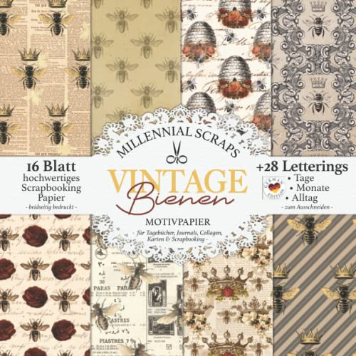 Vintage Bienen MOTIVPAPIER – für Tagebücher, Journals, Collagen, Karten & Scrapbooking –: Decoupage DIY Papier & Zubehör zum Ausschneiden I Mit Letterings I Kalender Basteln Deko & Inspo