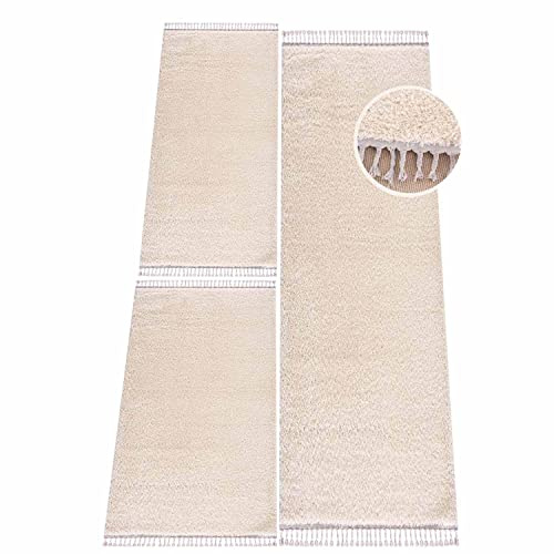 carpet city Bettvorleger Schlafzimmer Creme - Shaggy Hochflor Bettumrandung - Teppich-Läufer-Set 2X 80x150 cm, 1x 80x300 cm - Einfarbige Schlafzimmerteppiche -Helle Läufer Bett