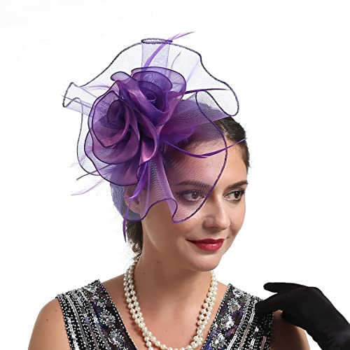 TOPOQ Women Fascinators Purple Wedding Fascinators Tea Party Hat Flapper Pillbox Fascinator Headband Derby Ascot Hat with Headband Hairclips Headdress Headpieces