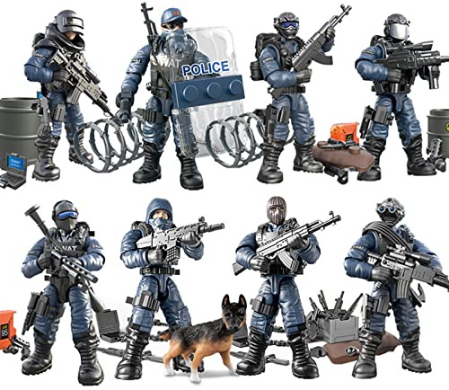 MEIEST 8 PCS Mini SWAT Model Figurines d'action Militaire, City Police Model Block Toy avec Une variété d'accessoires d'armes Militaires, Party Favor Set (SWAT)