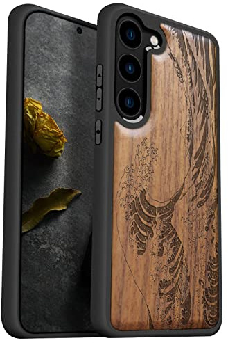 Carveit Coque pour Galaxy S23 Étui, (Noyer-Vague Kanagawa) | Étui en Bois Cover, Etui en Rigide Antichoc avec Protection TPU Case Compatible avec Samsung Galaxy S23 5G Coque