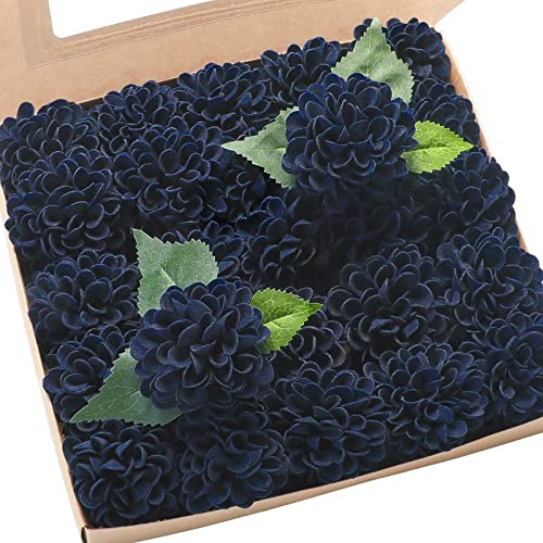 Floroom Artificial Dahlia Flowers 25pcs Real Looking Navy Blue Foam Fake Roses with Stems for DIY Wedding Bouquets Bridal Shower Centerpieces Floral Arrangements Party Tables Home Decoration