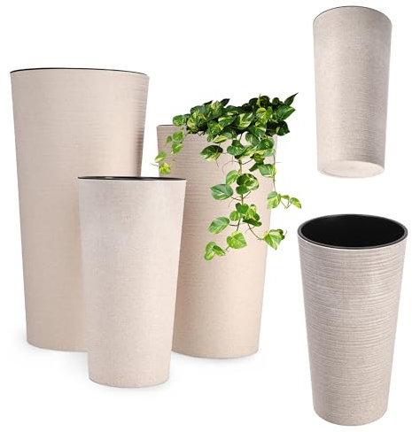 KADAX 3er Set Blumentopf mit Holzspänen, eleganter Übertopf mit herausnehmbarer Einlage, Blumentopfschutz für Büro, Blumenkübel, Topf, Gartenschale (Creme, 3er Set - 19,25,30cm)