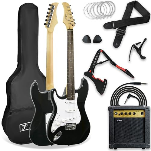 3rd Avenue 4/4-E-Gitarren-Set Für Linkshänder In Voller Größe In Schwarz - 10-W-Verstärker, Kabel, Ständer, Gigbag, Gurt, Saiten, Plektren, Kapodaster
