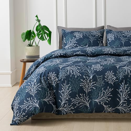 Lekesky Duvet Cover King Size 3-piece, Dark Blue White Thin Branch
