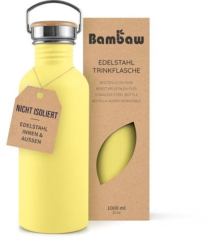 Bambaw Gourde Inox 1l, Bouteille d'Eau Jaune, Non-Isotherme, Gourde Metal 1l, Bouteille Sport 1 Litre, Reutilisable – Jaune Impérial