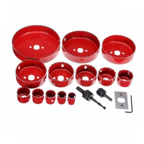 Homoyoyo Kit De Perçage Outil De Perçage De Trous Scie Cloche Bois Et Métal Rouge 16 Pièces Mandrins Forets à Carotter Coupe-bois Métal Pour Travail Du Bois Et Plaques Minces