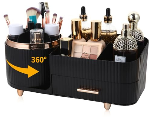Zufudo Makeup Organizer Countertop with Drawer 360 Rotating Brush Holder Storage Large Capacity Skincare Cosmetic Display Cases for Vanity Bathroom Desktop, Model 3016 Black
