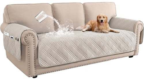 BellaHills 100% Waterproof 3 Seater Sofa Cover - Slipcovers with Side Pocket - Washable Sofa Seat Covers - Pet Couch Cover - Frenah Oak