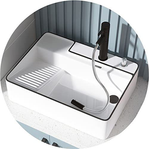 CCKUHN Rechteckiges Badezimmerwaschbecken über der Theke, Keramikwaschbecken mit ausziehbarem Wasserhahn, Kunstbecken, Waschbecken, Balkon, Wäschewanne mit Waschbrett (weiß, 51,5 x 42 x 1
