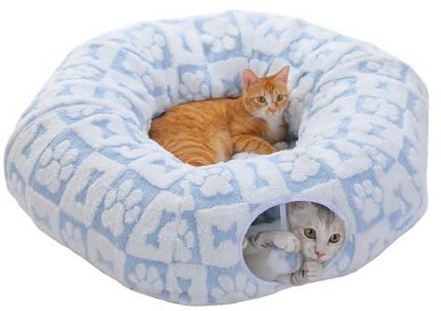 PAWZ Road Plüsch Katzentunnel für Hauskatzen, 2 in 1 Donut Kreisform Katzentunnel & Katzenbett Durchmesser 85 cm Blau