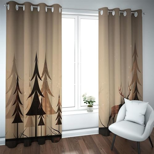 Deertweet Home Brauner Fenstervorhang Winter Kiefer Wald Verdunkelungsvorhang für Schlafzimmer Wohnzimmer Niedliche Weihnachten Hirsch Druck Verdunkelung Sichtschutzvorhang 2 Paneele H229xB117