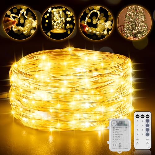 StarryEver LED Lichterkette mit Batterie, Kupferdraht Lichterkette Warmweiß, 10M 200 LEDs Lichterkette Innen mit Fernbedienung, Lichterkette Außen Batterie für Weihnachts Balkon