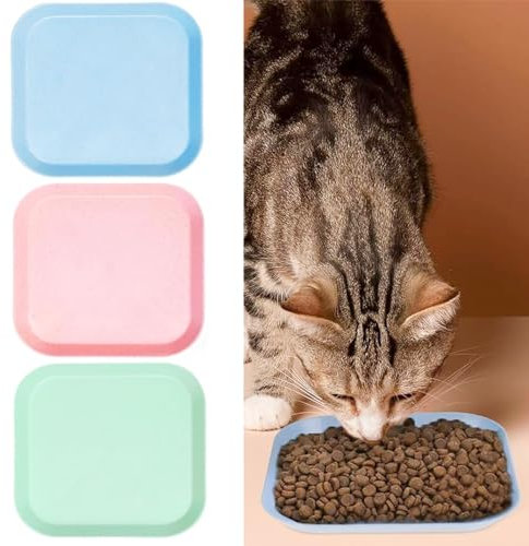 3 Colorful Cat Feeding Bowls - Shallow Square Food Dishes in Wheat Straw for Kittens