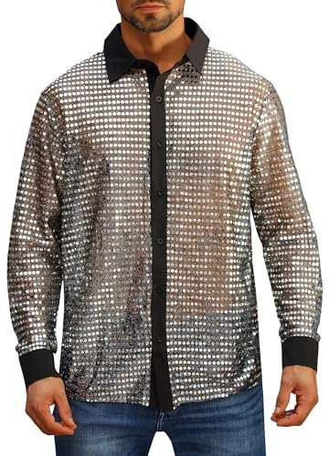 FYMNSI Herren Pailletten Langarm Hemd 70er Disco Party Kost�m Slim Fit Button Down Gl�nzend Kleid Shirts Durchsichtig Nachtclub Top Freizeithemd 80er Jahre Outfit Karneval Fasching Oberteil Silber L