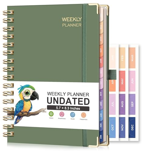 RETTACY Undated Planner, Weekly and Monthly, 53 Weeks and 12 Months, Medium Size (5.7 x 8.3), 24 Self-adhesive Monthly Tabs, Hardcover, 100 GSM Thick Paper, Spiral-bound (Light Green)