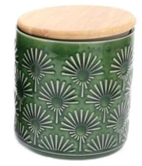 GREEN GLAZE Retro Style Ceramic Canister - Round Coffee/Tea Caddy/Kitchen Storage Container/Jar with Wooden Lid - 13.5 cm - FERN or SPOT (Fern Pattern)