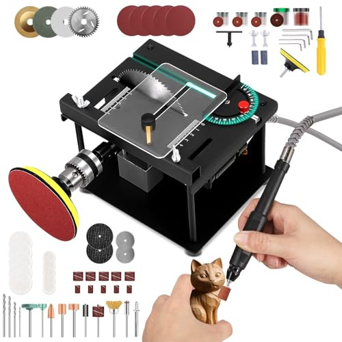Mini Sega a Tavolo, 200 W Multifunzionale Portatile di Precisione, Mini Sega da Tavolo Taglio Multifunzionale Con Levigatura e Lucidatura, 4 Lame, Taglio di Sollevamento 0,1-35 mm