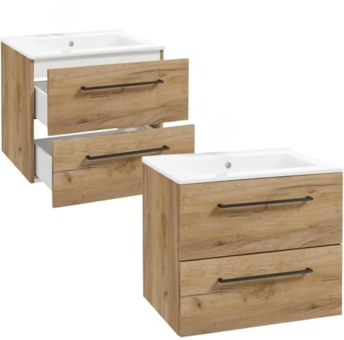 Deftrans - Waschtisch mit Unterschrank 60 cm breit Set mit zwei Schubladen - Waschbecken mit Unterschrank hängend in der Farbe Eiche - Waschtischunterschrank mit Waschbecken - Maße: 50 x 60 x 45,6 cm