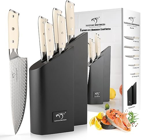 NANFANG BROTHERS Damascus Chef's Knife Block Set - 6-Piece VG10 Stainless Steel Kitchen Knife Set with ABS Ergonomic Handles, Sharp Carving & Slicing Knives for Meat, Vegetables & Prep,Luxury Gift Box