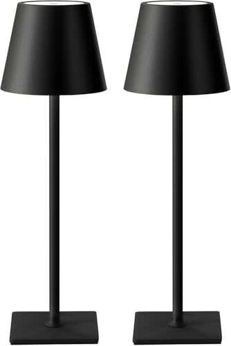 2 Pezzi Lampada da Tavolo LED Ricaricabile Senza Fili – Dimmerabile Touch, 2400mAh, 3 Tonalità (2700K-6000K), Design Moderno per Interno ed Esterno, Camera da Letto, Soggiorno, Giardino, IP54 (Nero)