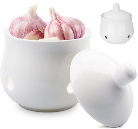 PRITOK Rangement à ail en céramique : Ø 9,5 cm - Rangement à l'ail avec couvercle avec trous d'aération latéraux amovibles, rangement d'ail, décoration de comptoir de cuisine