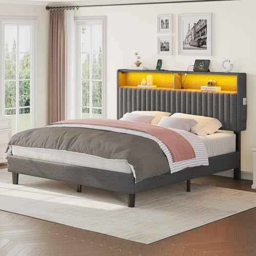 Seventable Double Bed Frame 135 x190 cm Upholstered Headboard with LED Strip & USB Type-C Ports & Storage Shelves Sturdy Metal Frame, Easy Assembly, No Box Spring Needed, Max Load 400 kg, Linen Grey