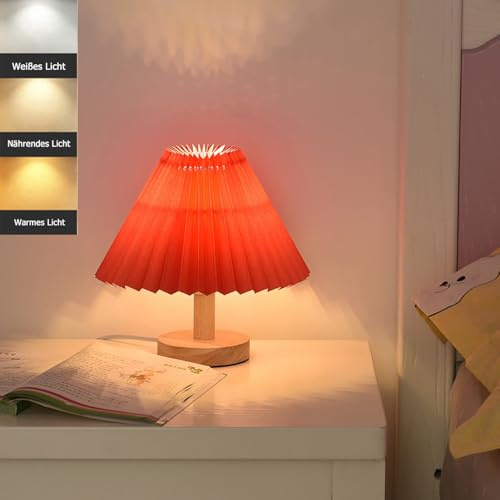 Stilvolle Nachttischlampe mit Holzfuß & Rüschenschirm–3 Farben (Weiß/Warm/Naturlicht) – Led Tischleuchte Deko Wohnzimmer,Schlafzimmer Tischlampen, – Dimmbare Tischleuchte mit E27-Sockel (Rot)