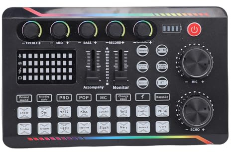 Bewinner Tarjeta de Sonido de Transmisión en con Iluminación Inteligente, Bluetooth, 16 Modos FX 7, 4 Cambiadores de Voz, Equipo de Placa de Sonido para Podcast PC Grabación de